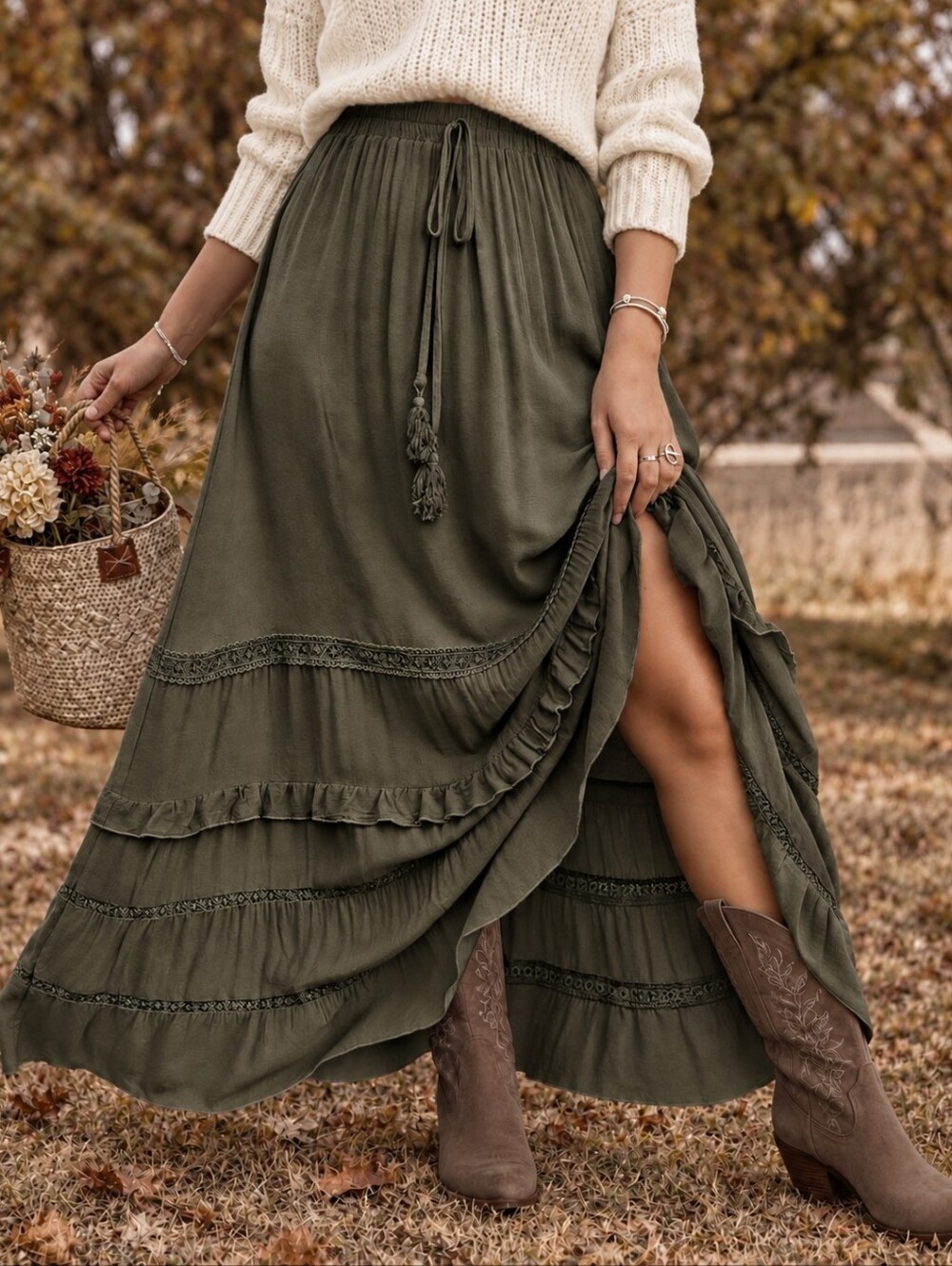 New Boho Flowy Ruffle Lace Long Skirt Olive Green